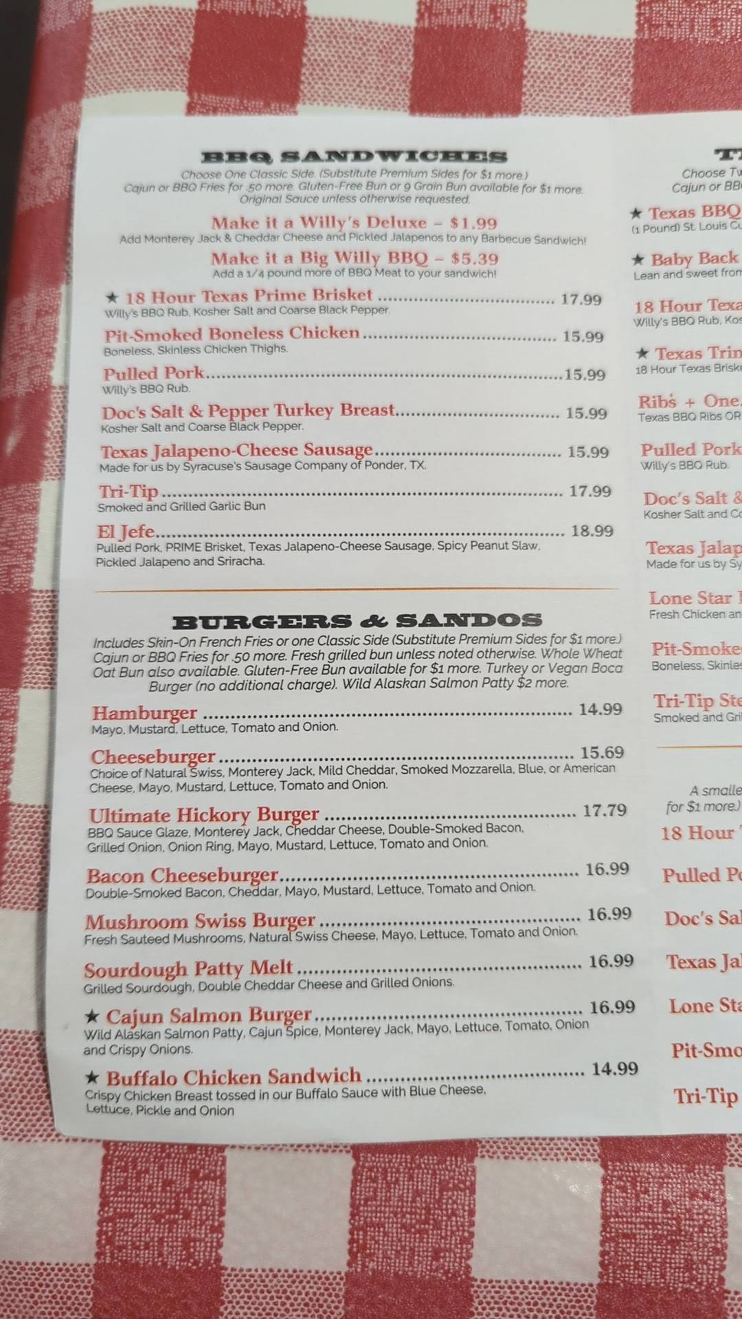 Menu at Armadillo Willy's Texas BBQ, Sunnyvale