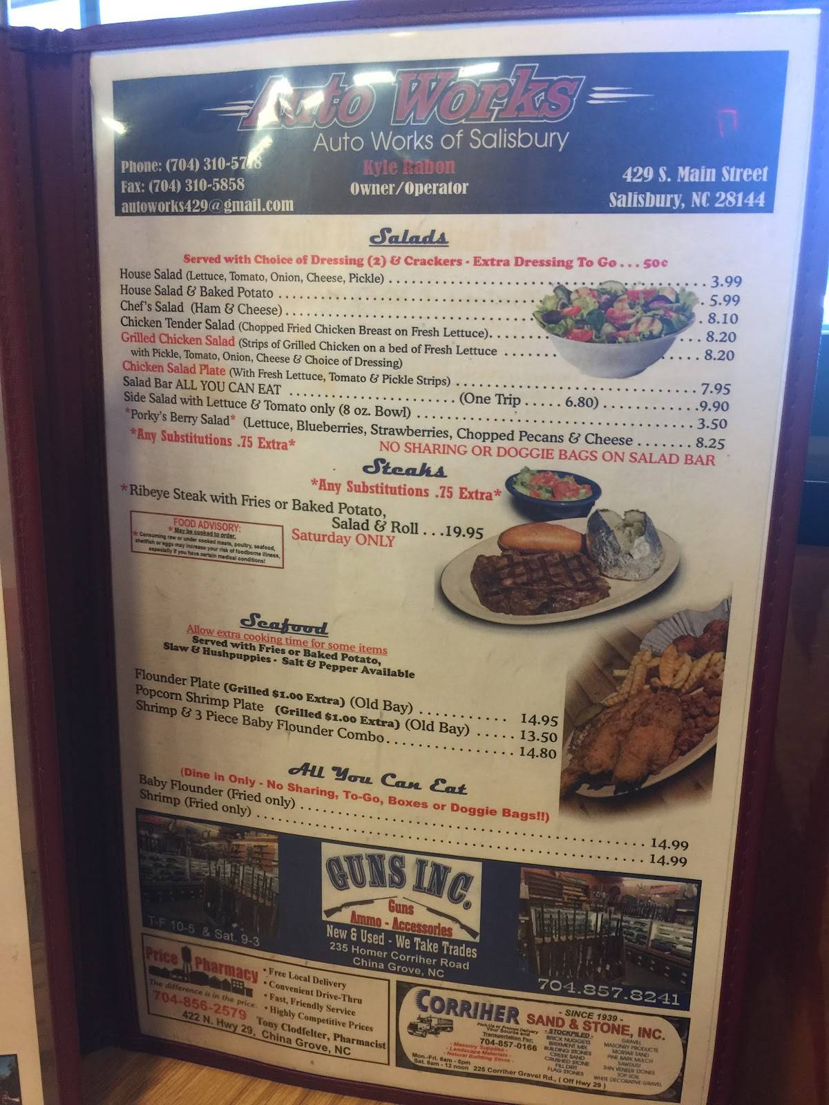 Menu at Porky's BarBQ, China Grove