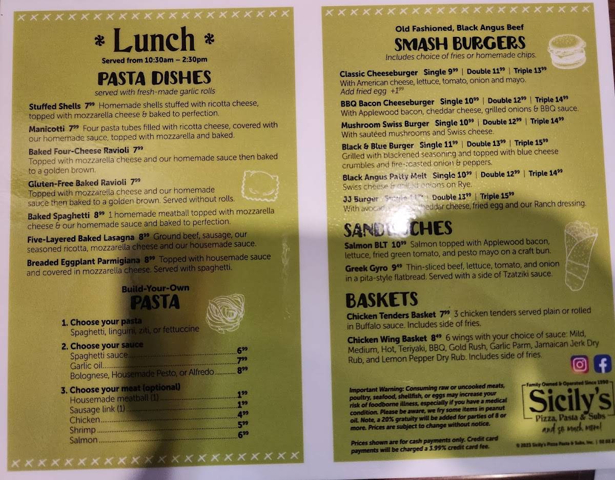 Menu at Sicily's Pizza, Pasta & Subs pizzeria, Blairsville