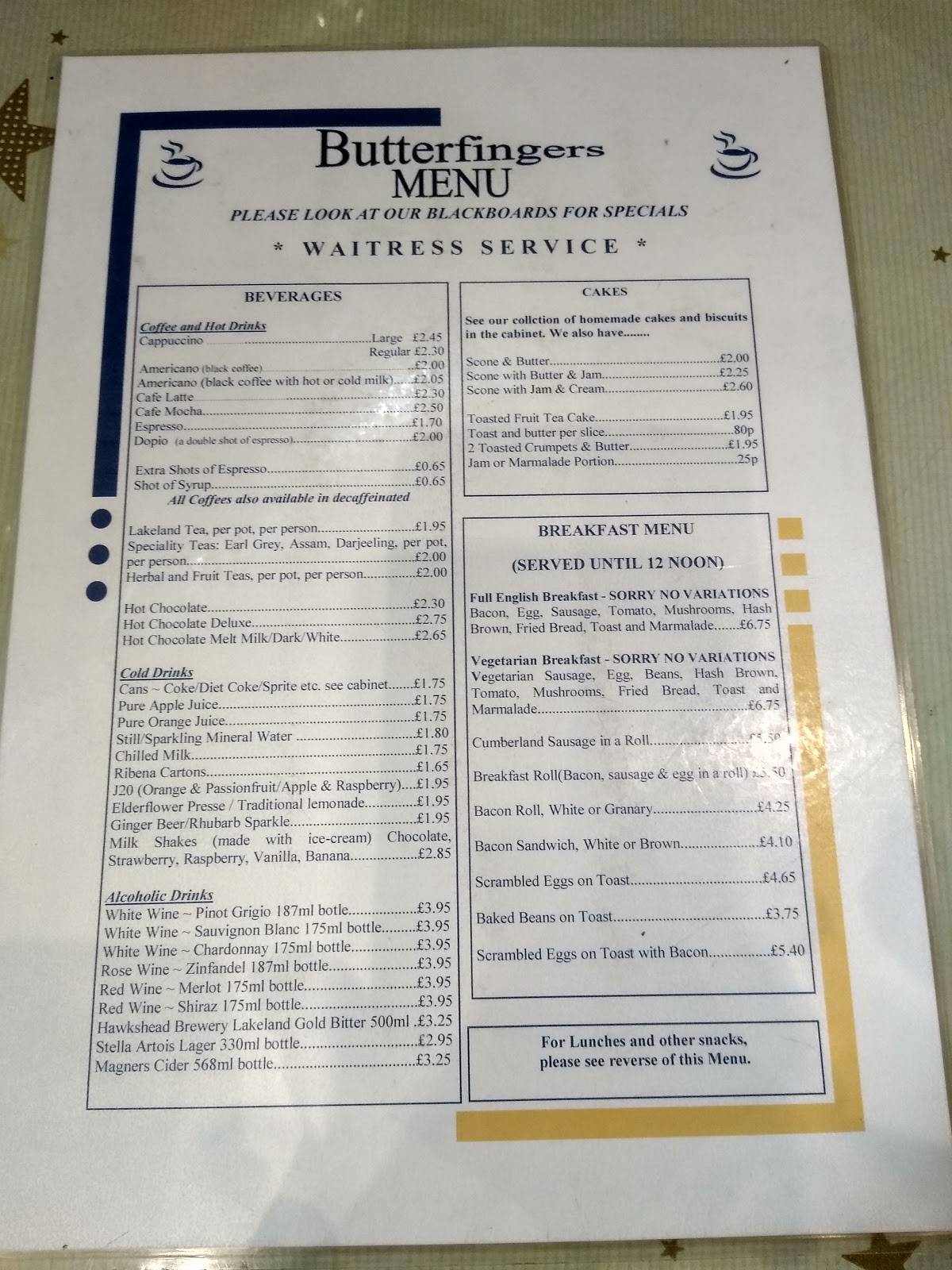 Menu at Butterfingers cafe, GrangeoverSands
