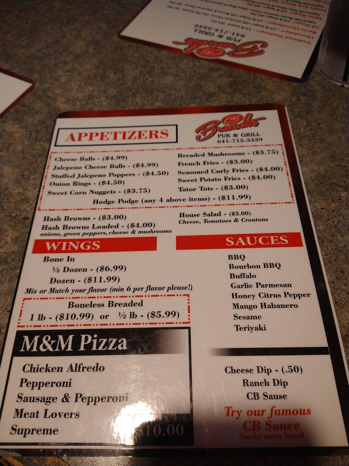 Menu at CB Brandt's pub & bar, Saint Ansgar