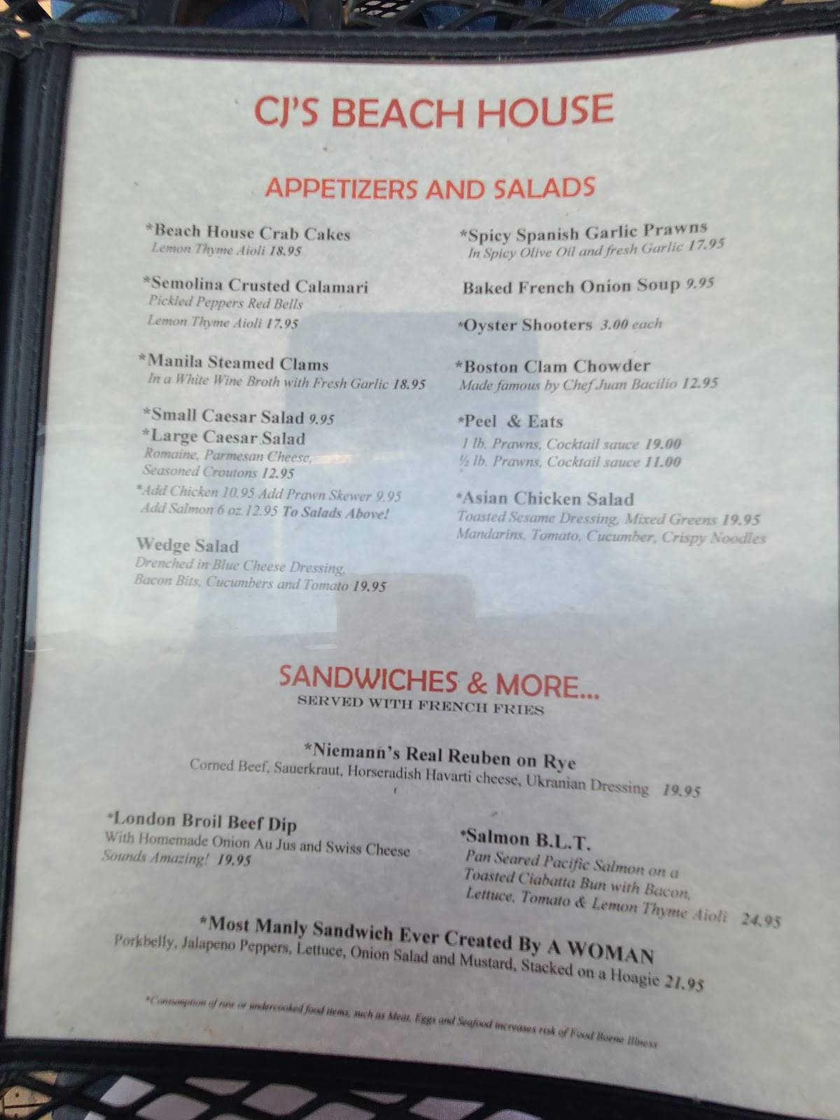 Menu at CJ's Beach House restaurant, Birch Bay