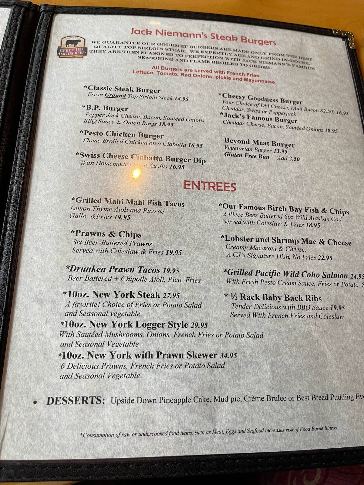 Menu at CJ's Beach House restaurant, Birch Bay