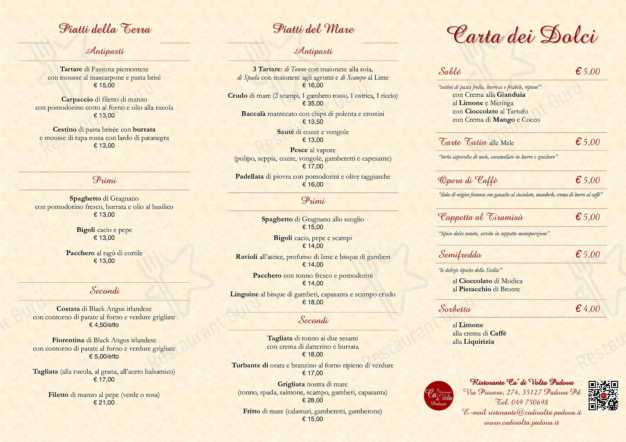 Menu de Ca' di Volta