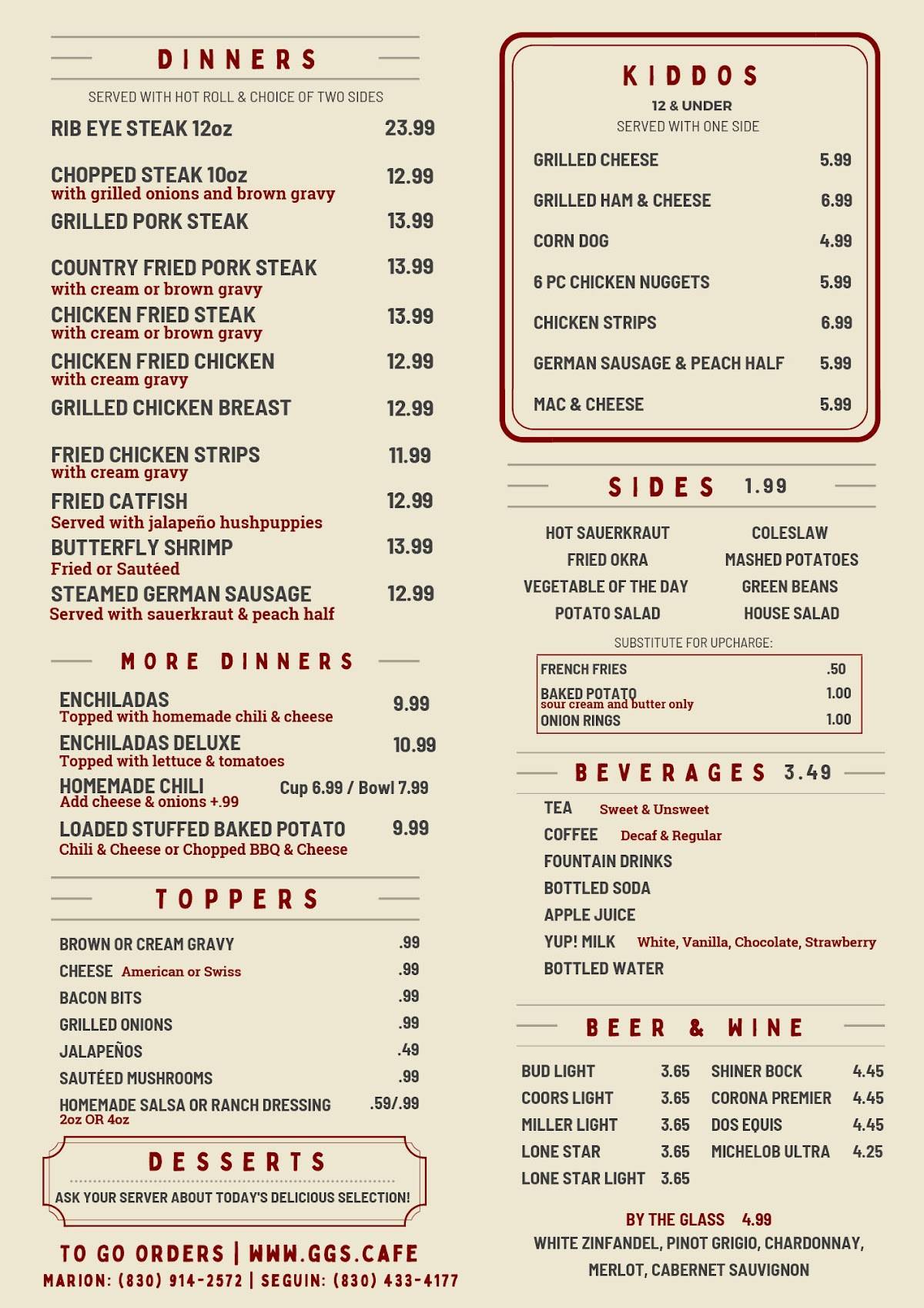 Menu at Gg's Corner Cafe, Marion