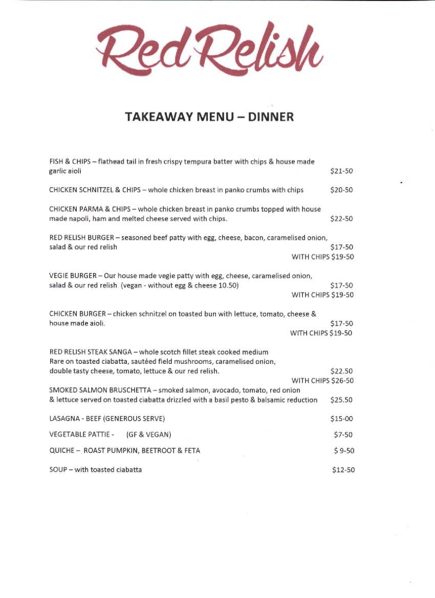 Menu at Red Relish Cafe, Yarra Junction