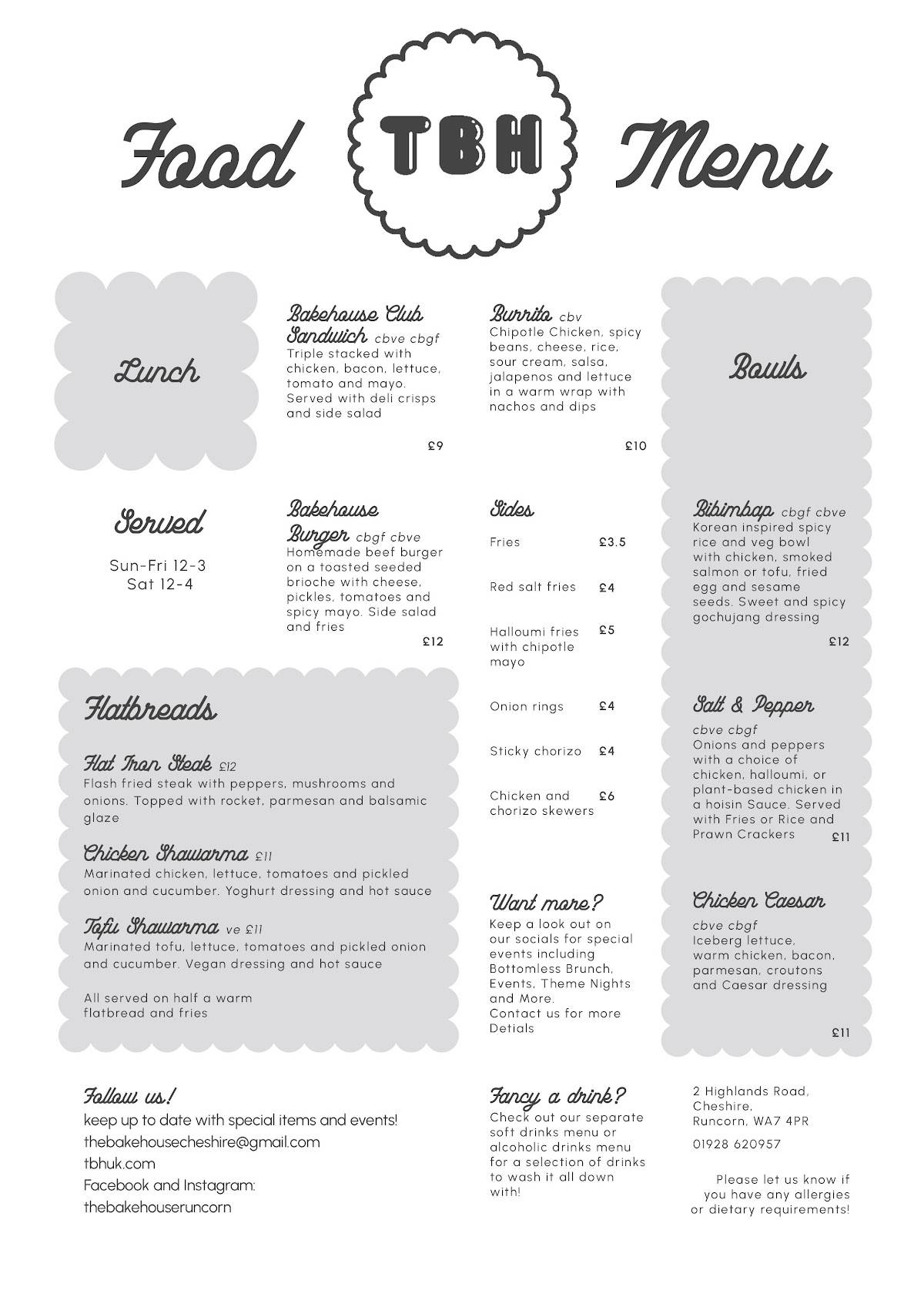 Menu at The Bake House pub & bar, Runcorn