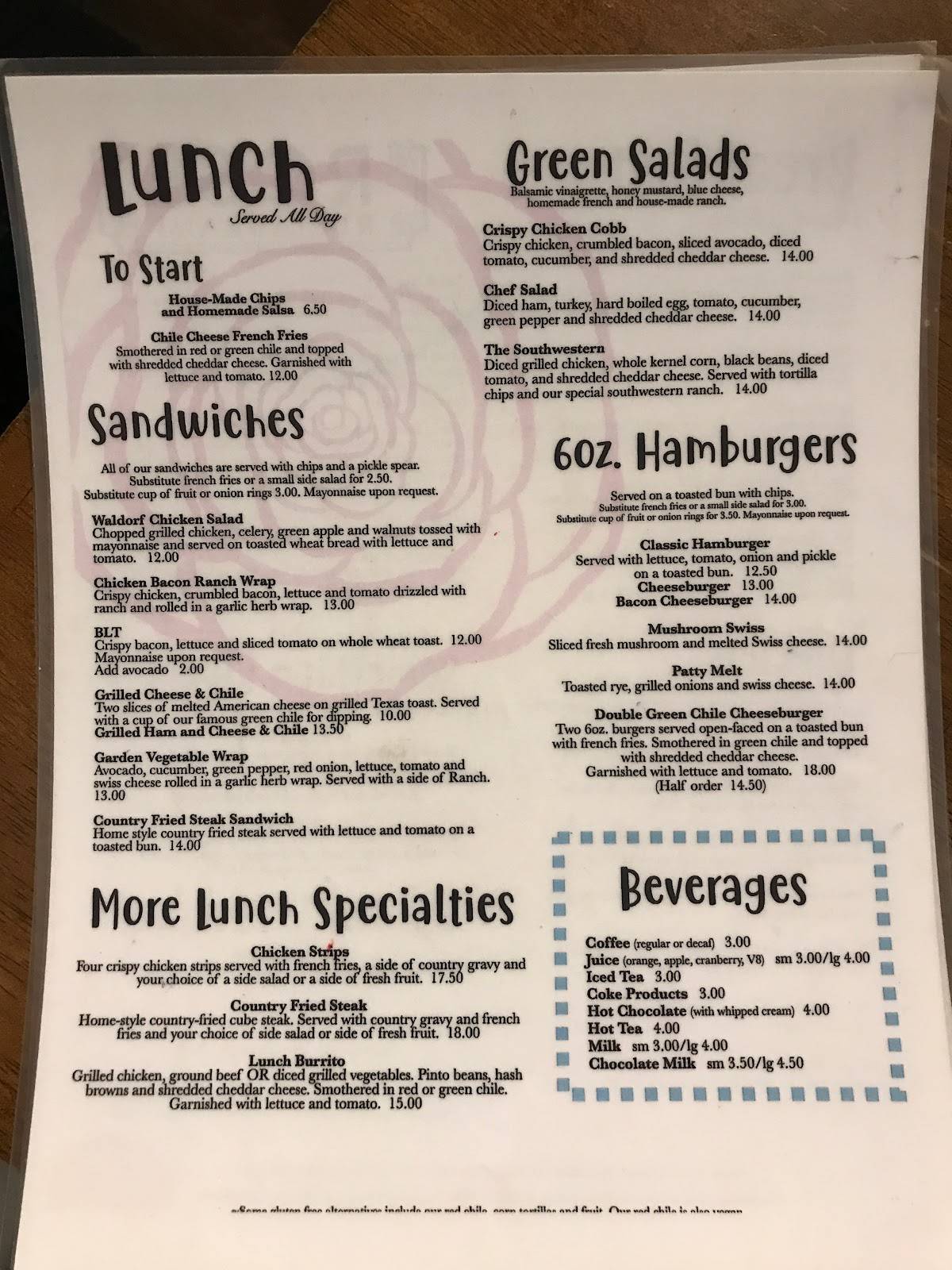 Menu at The Rose cafe, Pagosa Springs, 408 Pagosa St