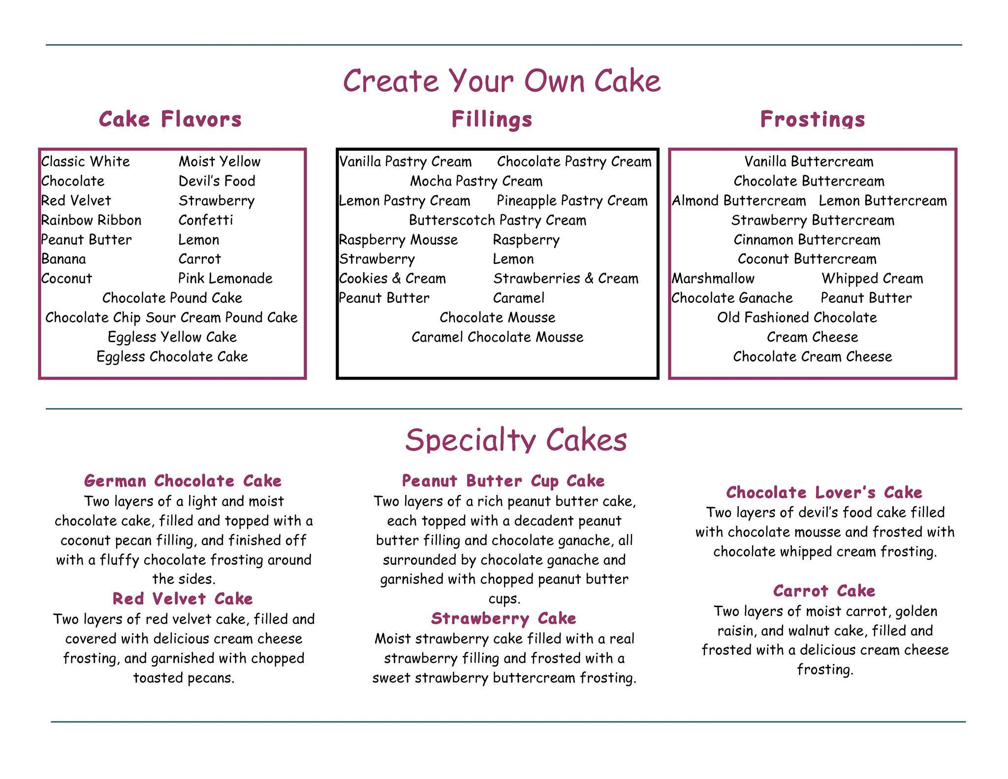 Menu at Cakes by B's Blue House Bakery, Jamestown