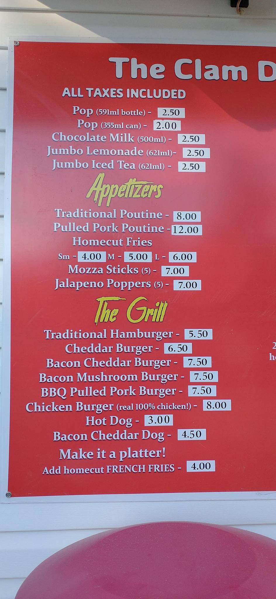 Menu at The Clam Digger restaurant, Chamcook, NB127