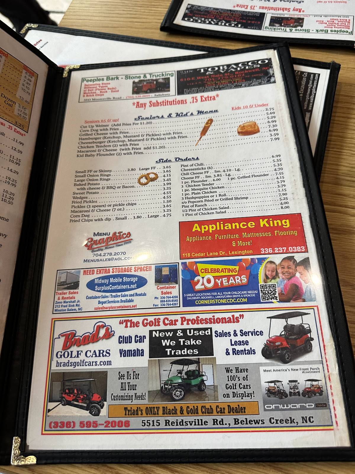 Menu at Porky's BarBQ, China Grove