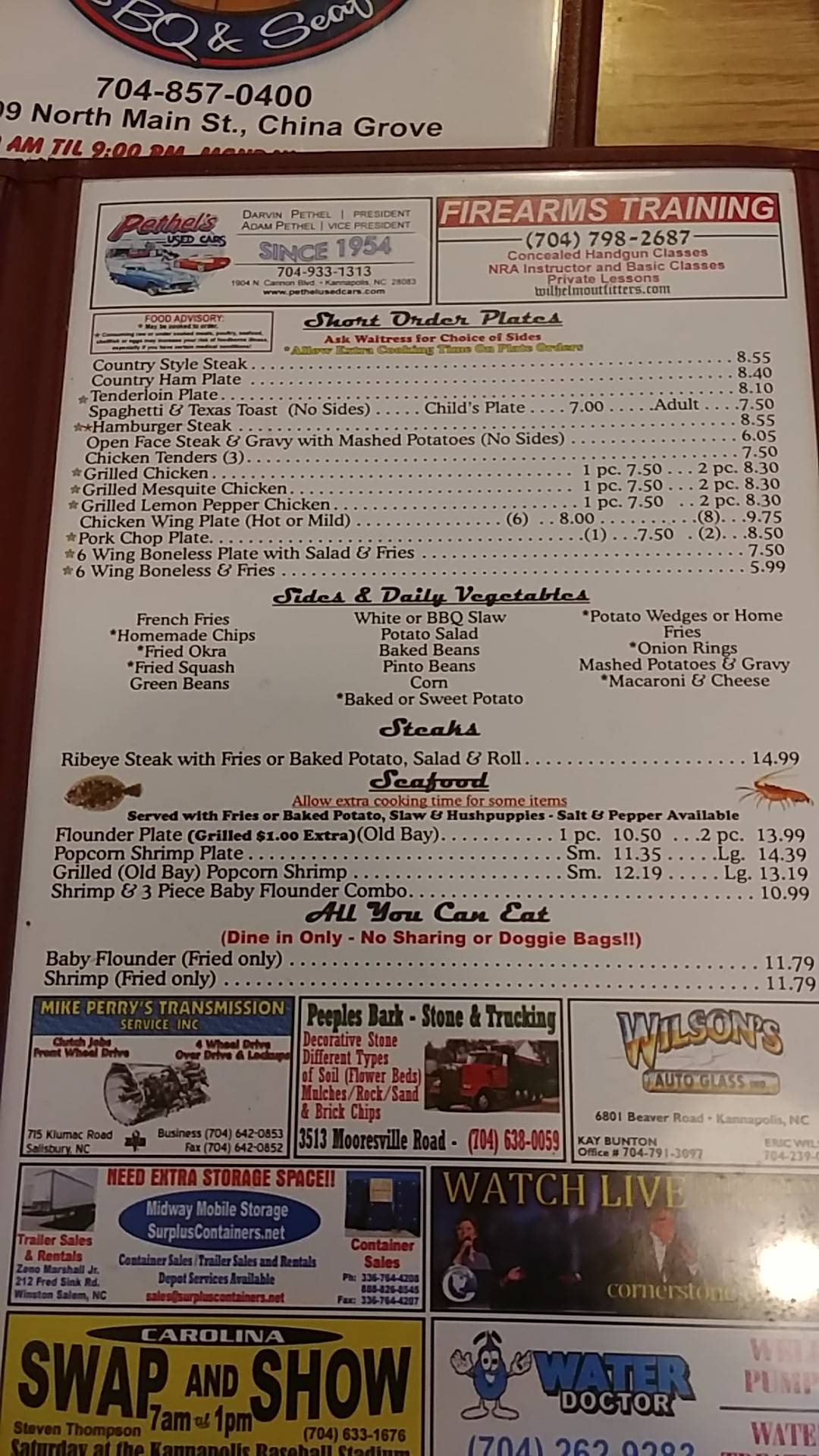 Menu at Porky's BarBQ, China Grove