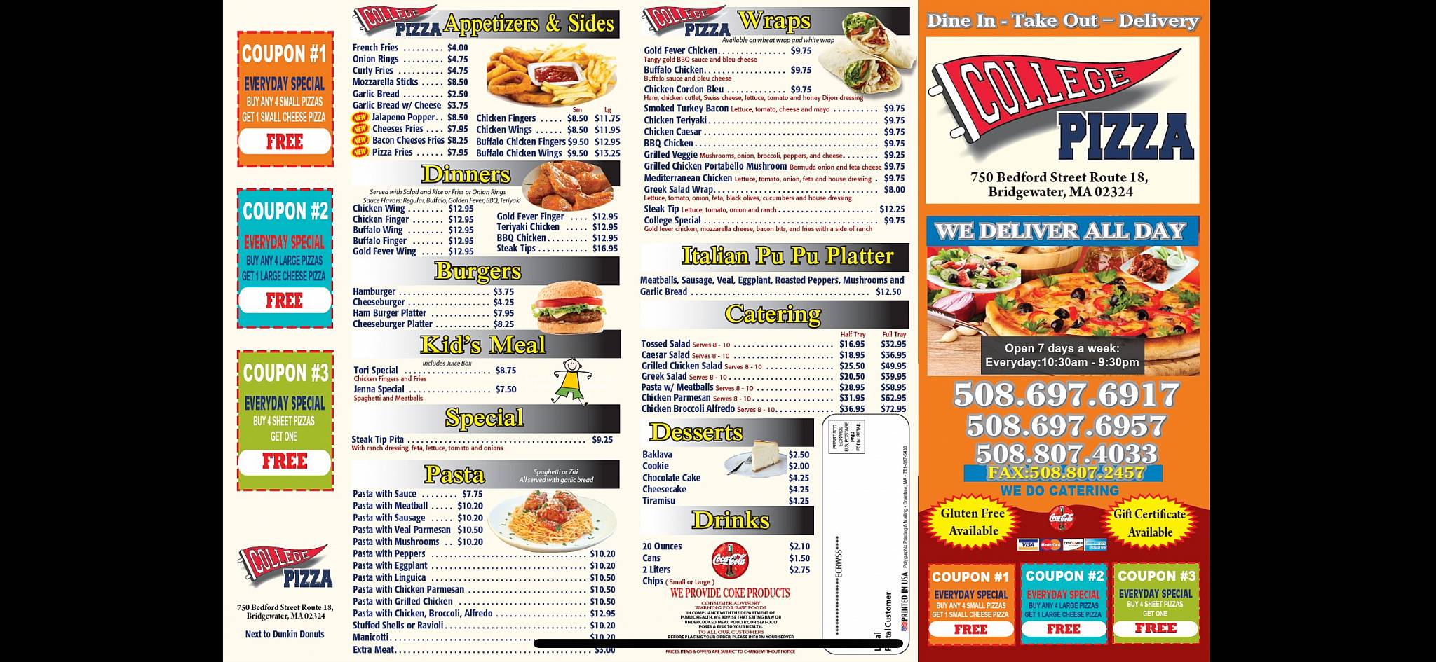 Menu at College Pizza pizzeria, Bridgewater, 750 Bedford St
