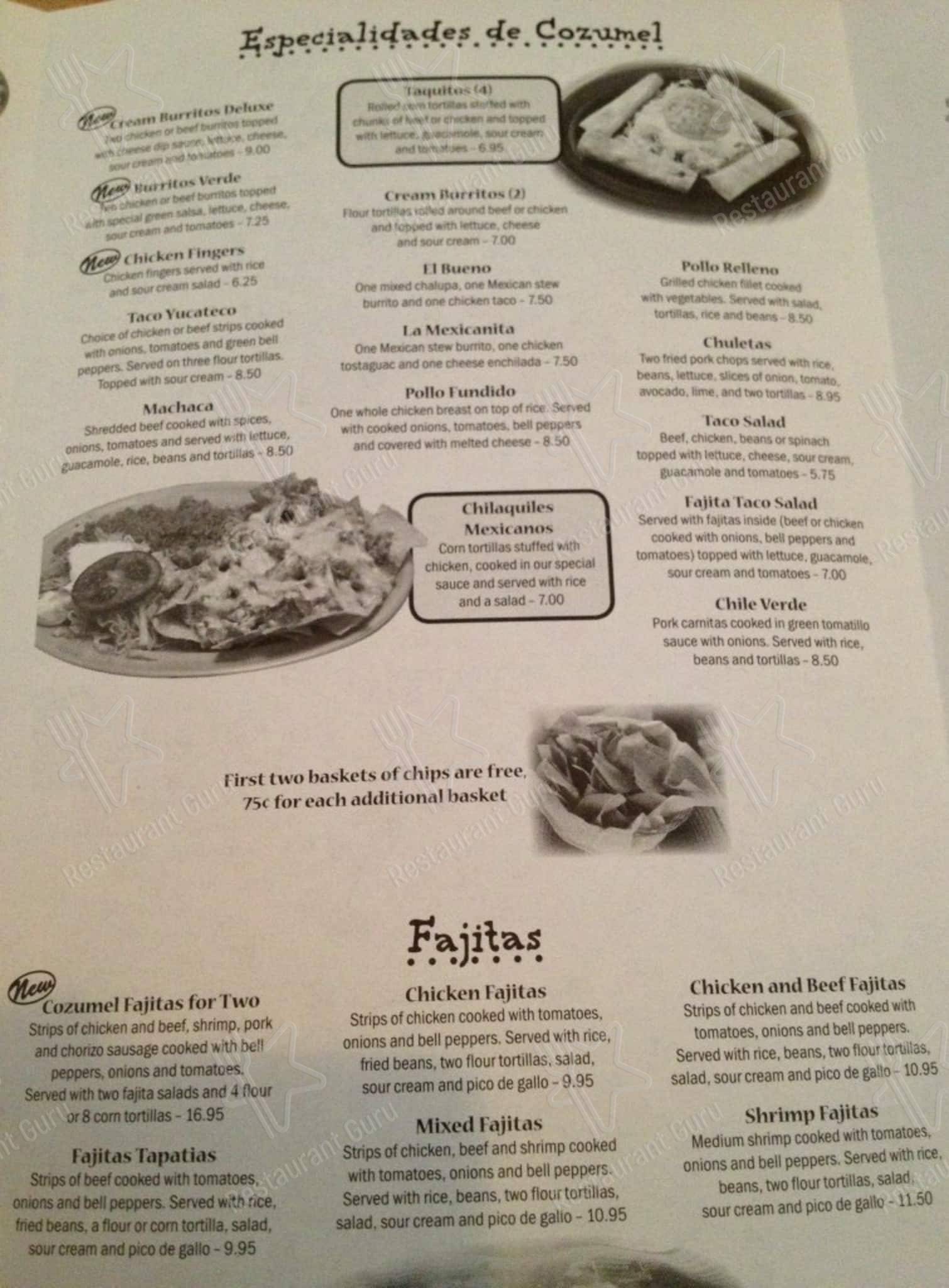 Menu at Cozumel restaurant, Statesville