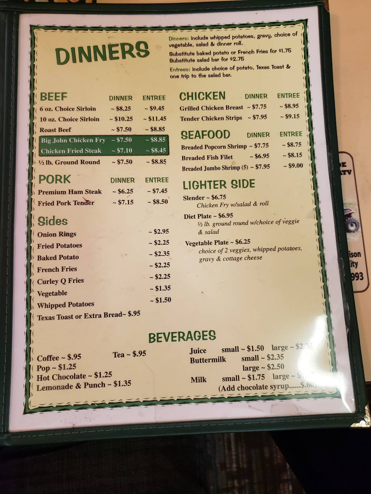 Menu at Daisy Mae's Cafe, Arkansas City