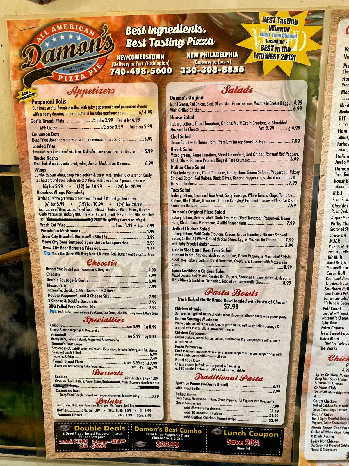 Menu at Damon's All American Pizza Pie pizzeria,