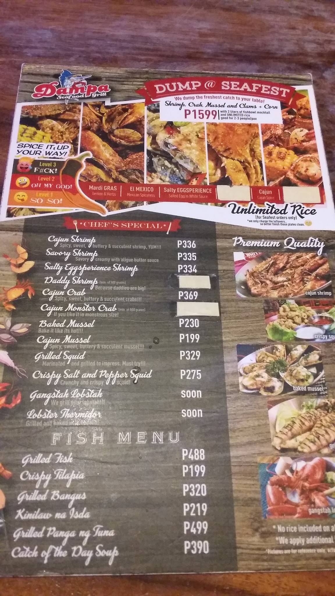 Menu at Dampa Seafood Grill restaurant, Quezon City