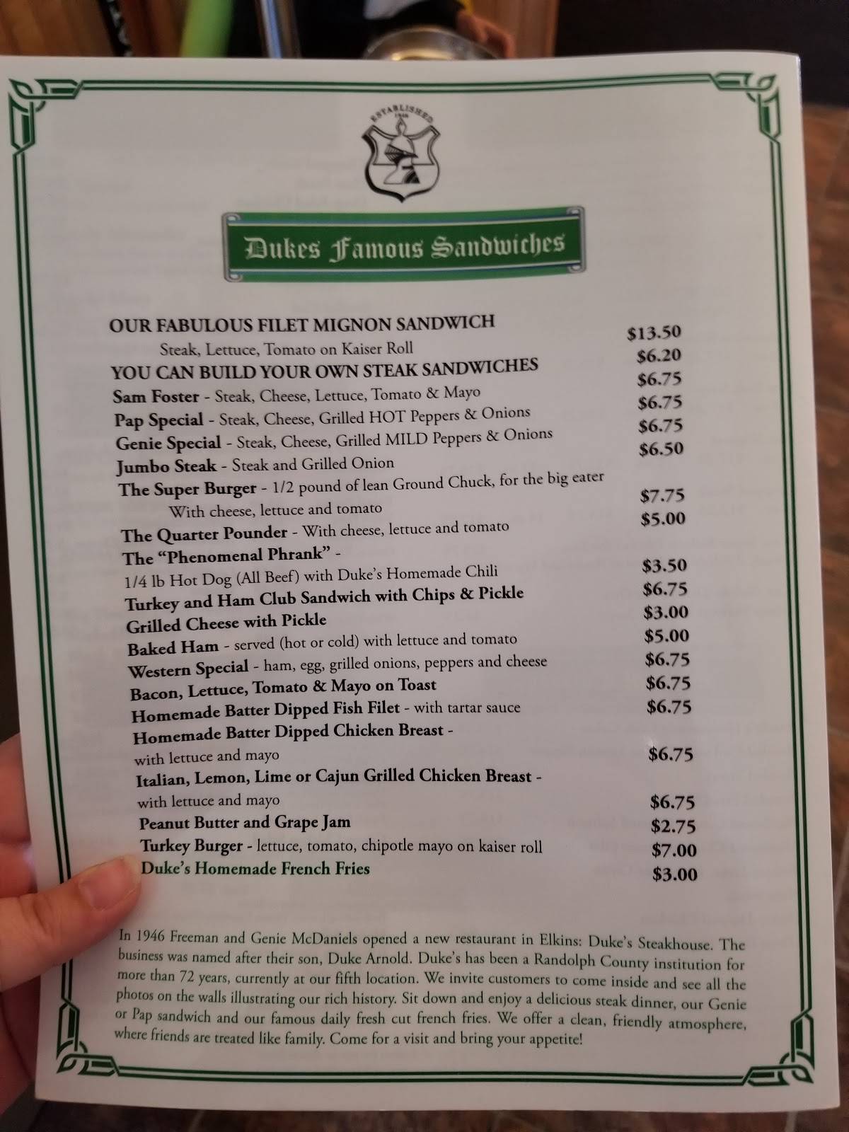 Menu At Duke S Steakhouse Elkins Harrison Ave   Menu Dukes Steakhouse 