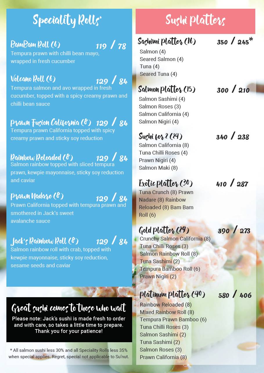 Menu at Jack's Grill Co restaurant, Durban