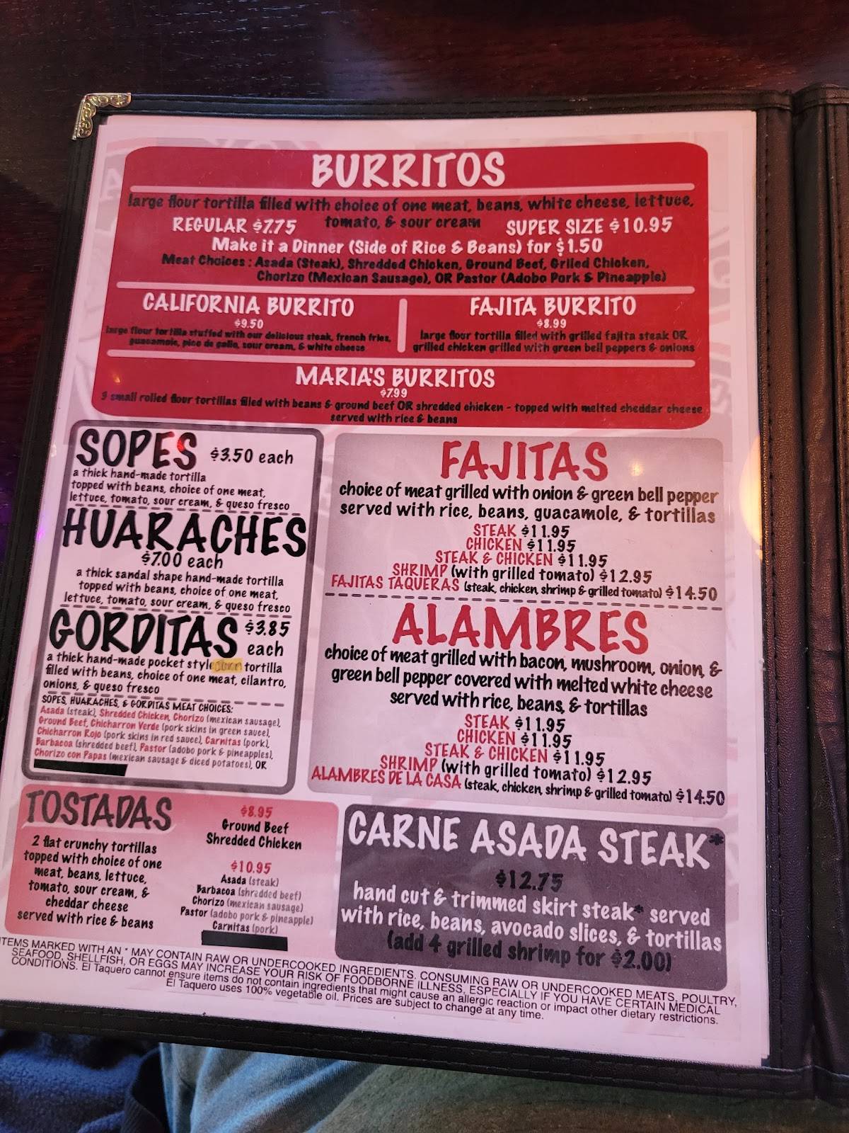 Menu at El Taquero restaurant, Fort Wayne