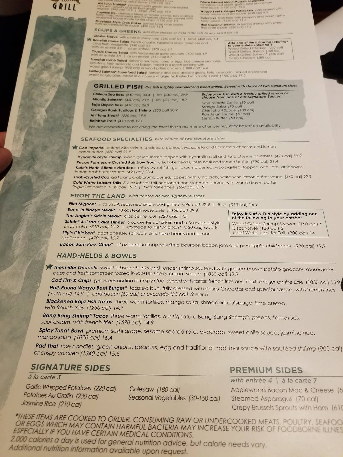 Menu at Bonefish Grill restaurant, Evansville
