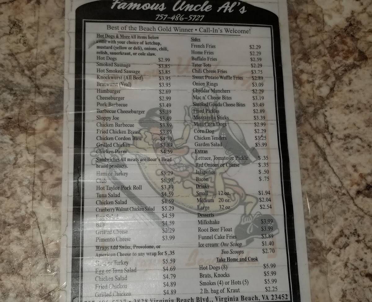 Carta del restaurante Famous Uncle Al's Hotdogs & Fries, Virginia Beach ...