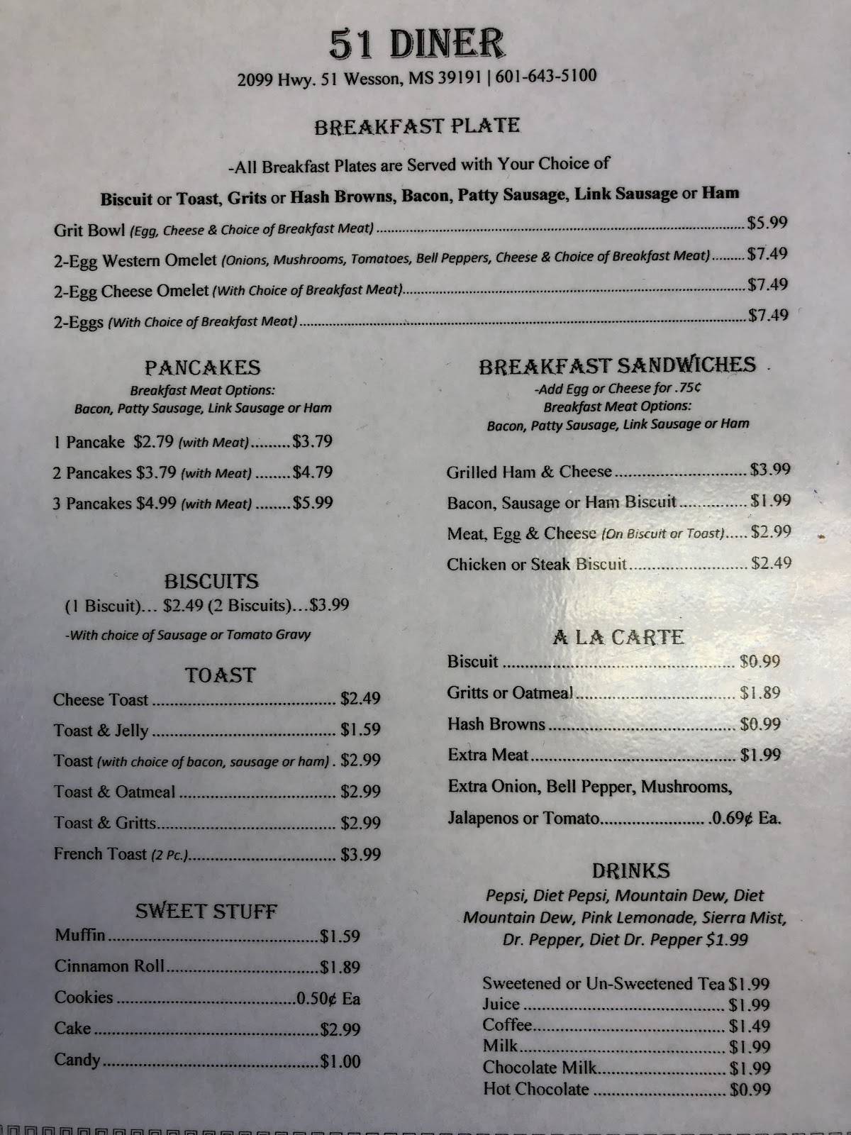 Menu at Fifty One Diner restaurant, Wesson