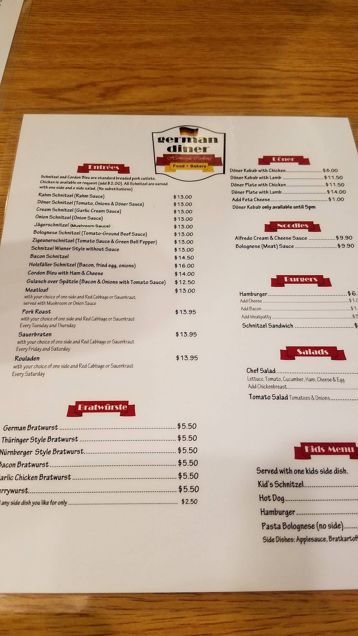 Menu at German Diner restaurant, Lacey, Martin Way E
