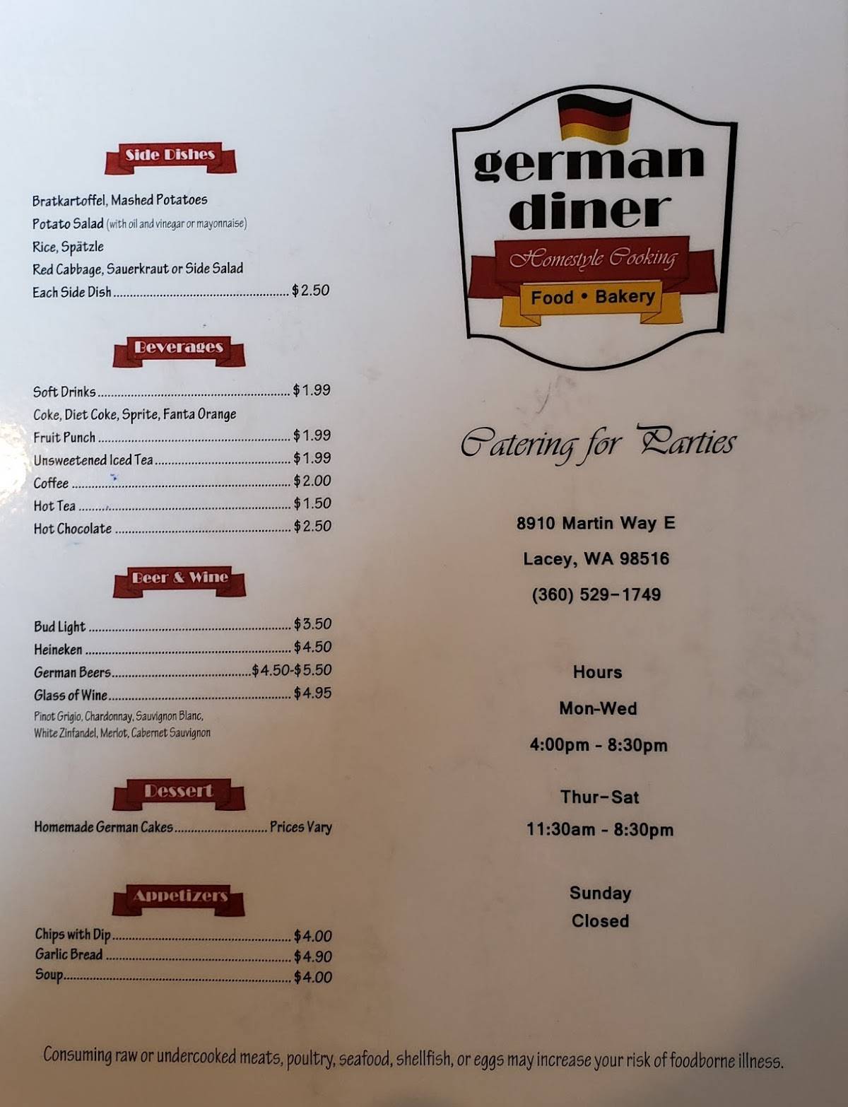 Menu at German Diner restaurant, Lacey, Martin Way E