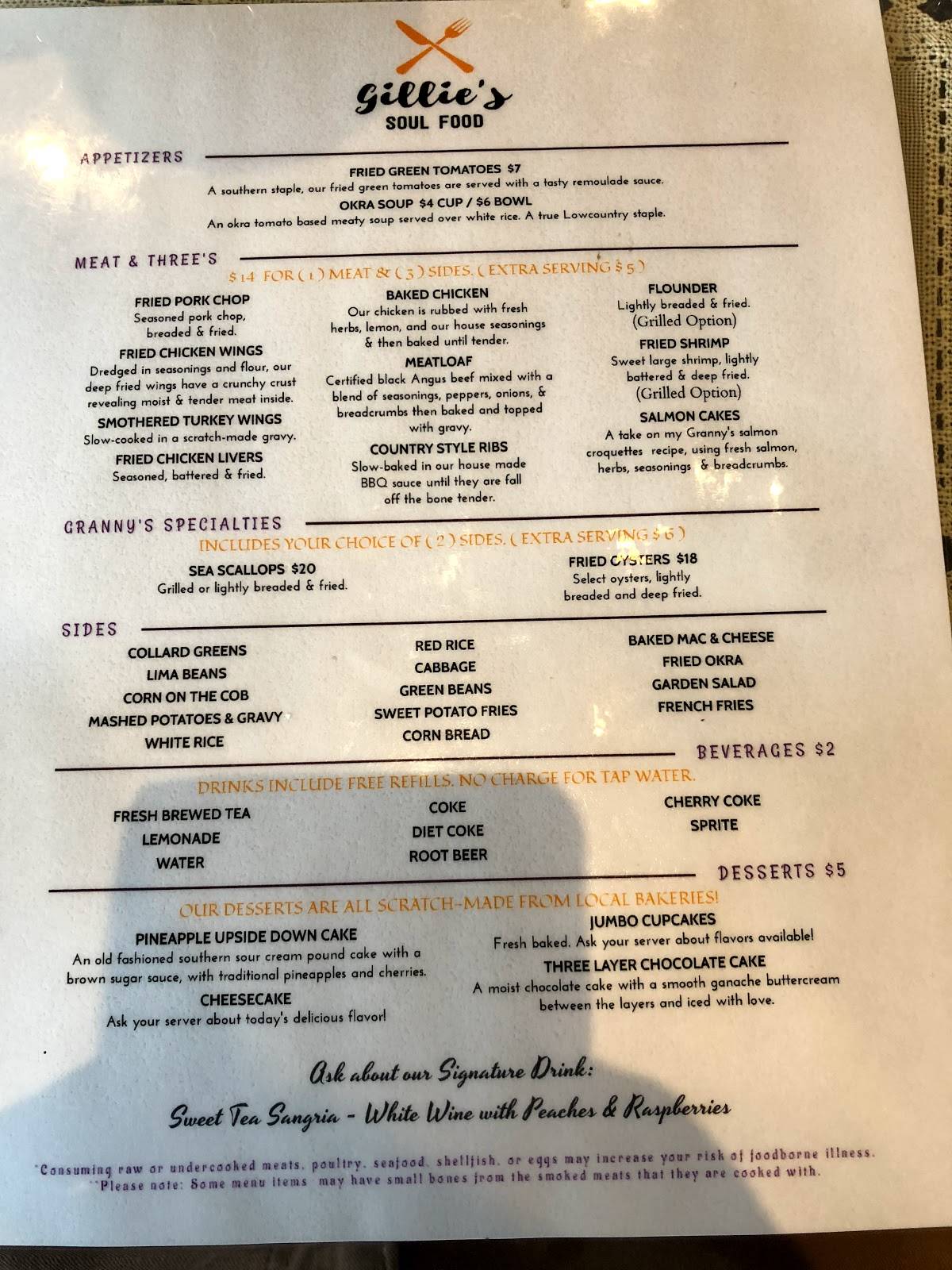 Menu at Gillie's Seafood restaurant, Charleston
