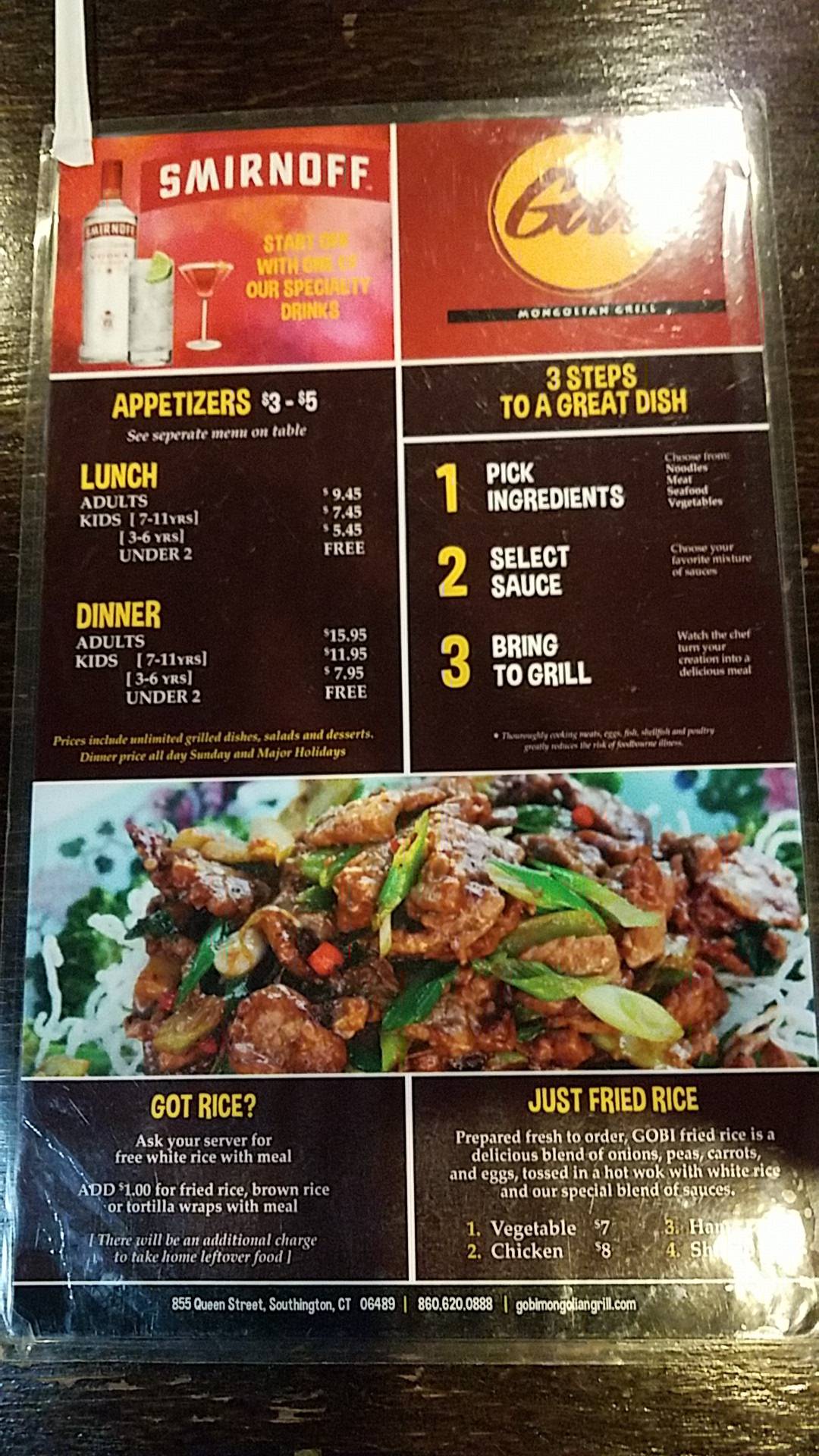 Menu at Gobi Mongolian Grill pub & bar, Southington