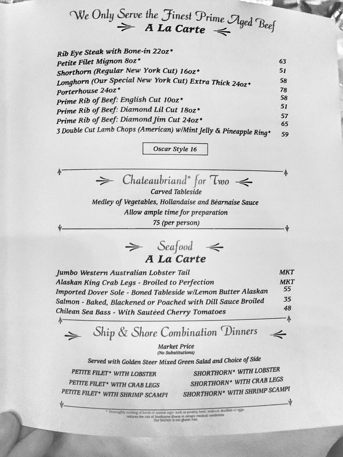 Меню Golden Steer Steakhouse Las Vegas, ЛасВегас