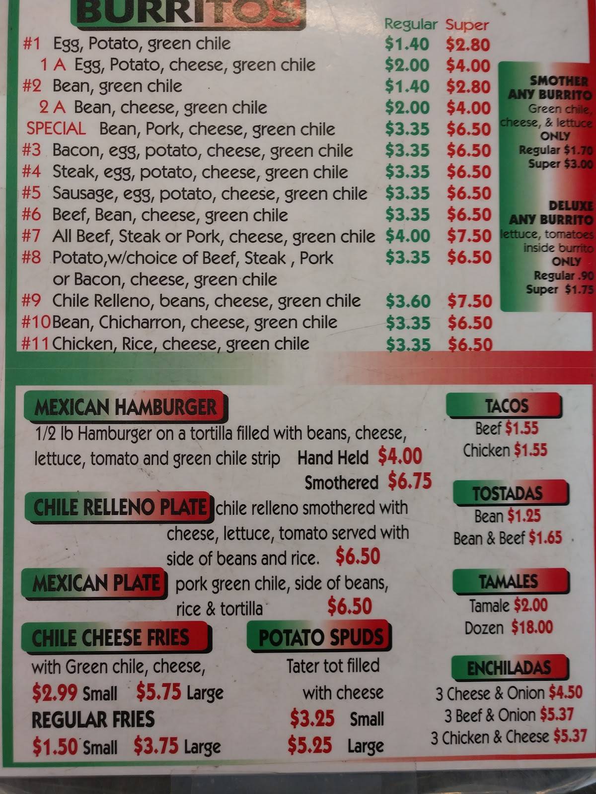 Menu at Gomez Burritos restaurant, Denver, Park Ave W