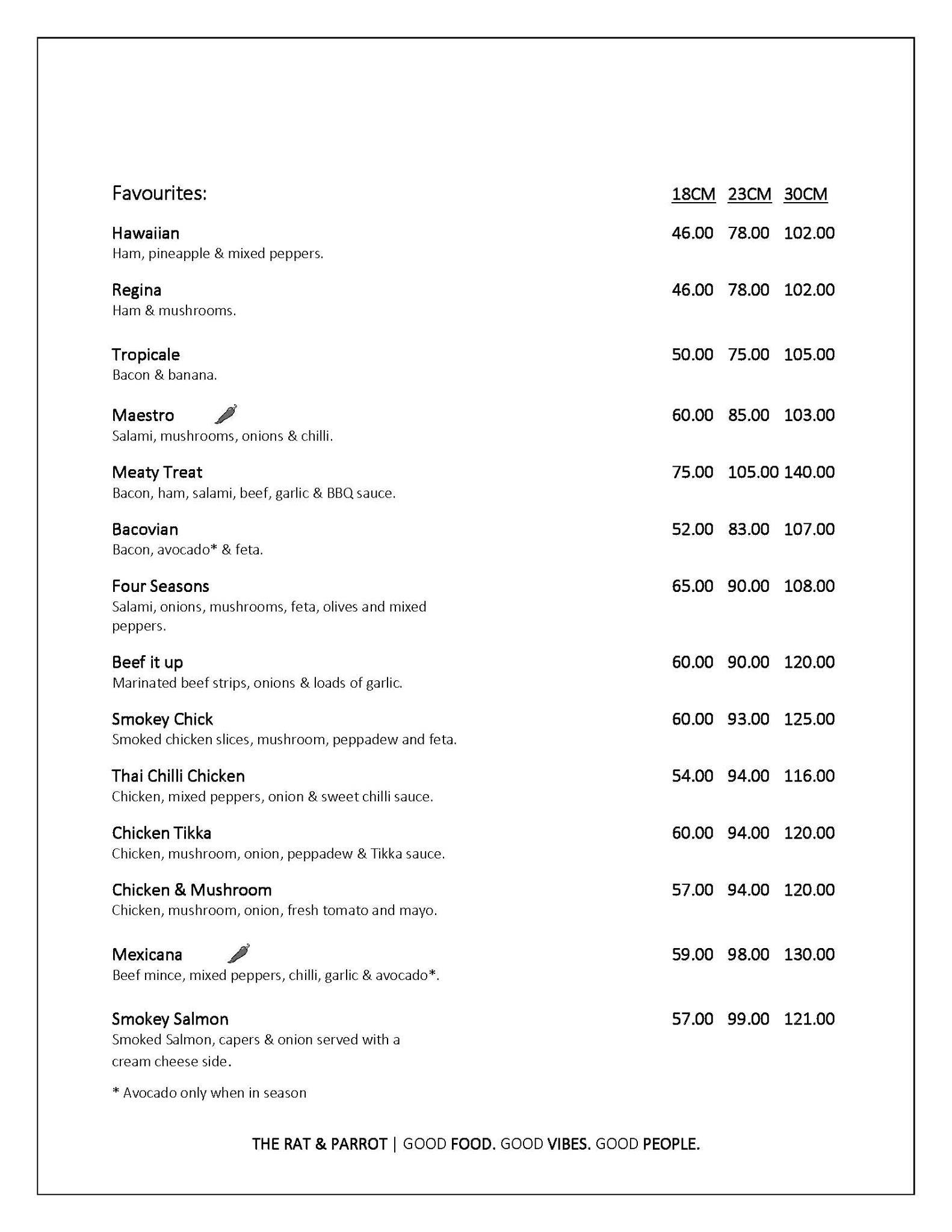 Menu at Rat & Parrot Grahamstown restaurant, Grahamstown