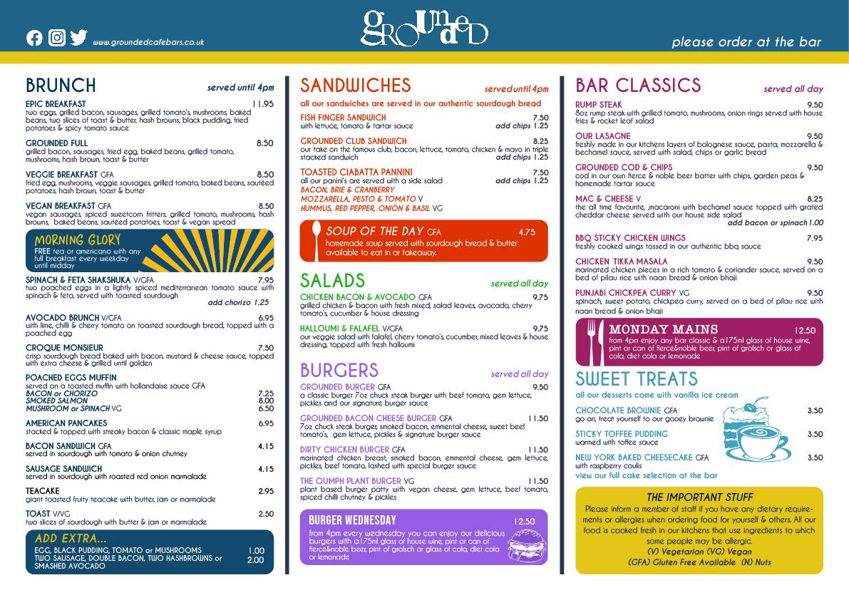 Menu at Grounded Keynsham cafe, Bristol, 39 High St