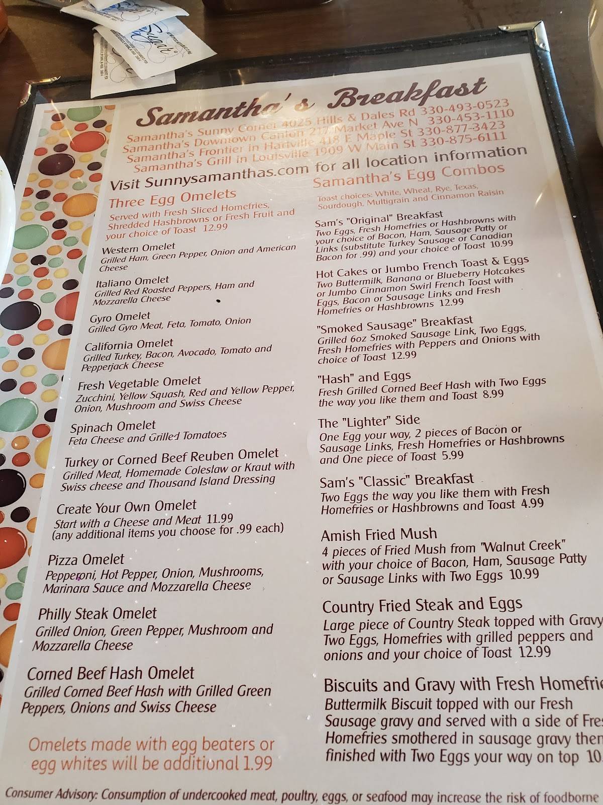 Menu at Samanthas Frontier Restaurant, Hartville