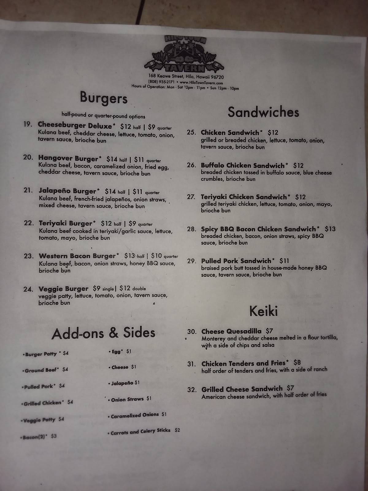 Menu at Hilo Town Tavern restaurant, Hilo