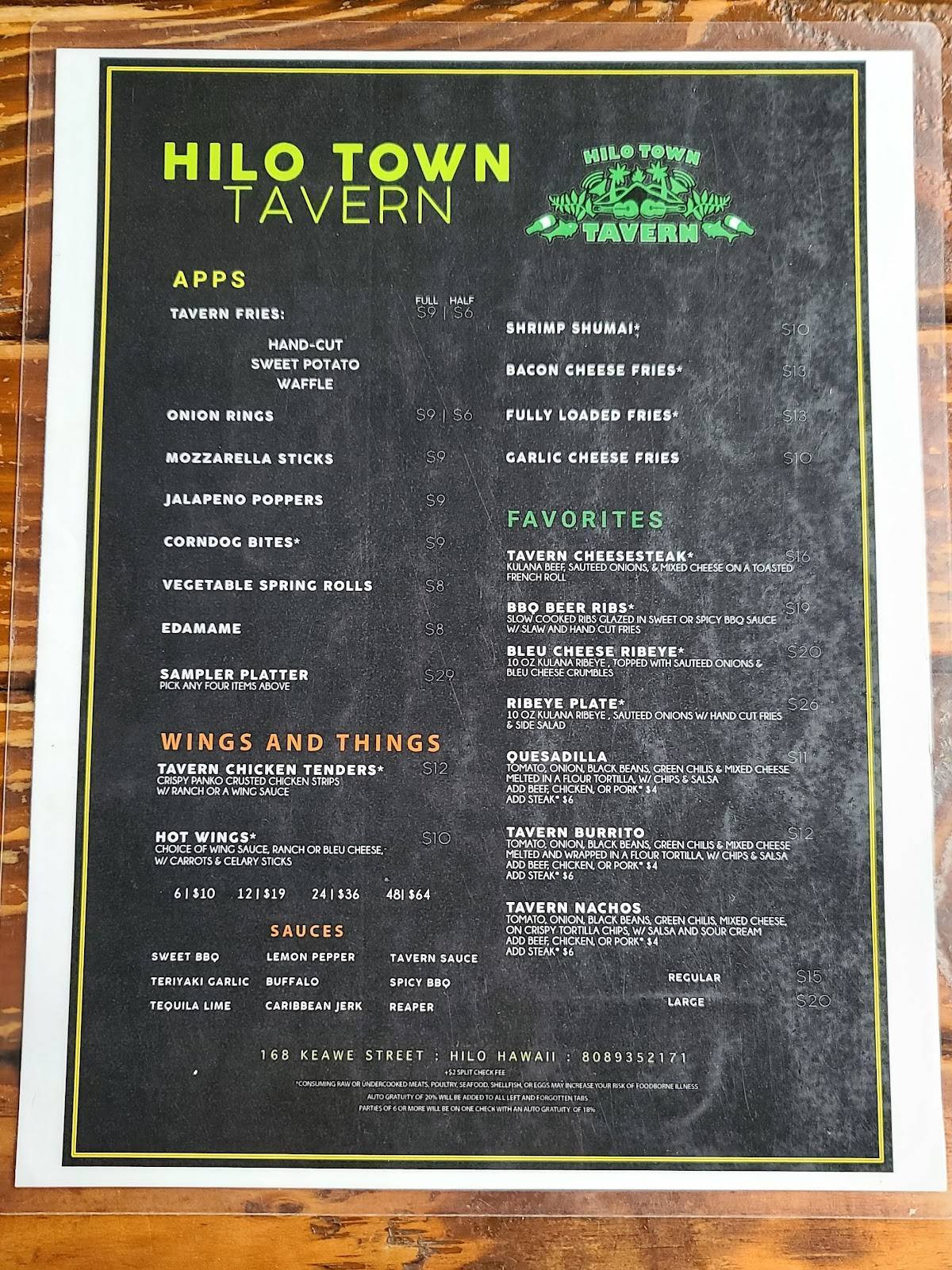 Menu at Hilo Town Tavern restaurant, Hilo