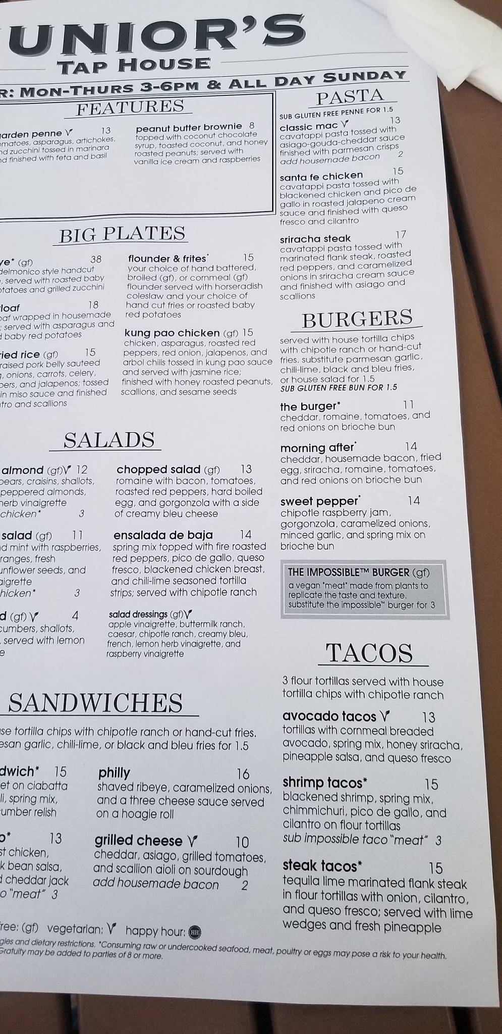 Menu at Junior's Restaurant & Tap House, River Falls