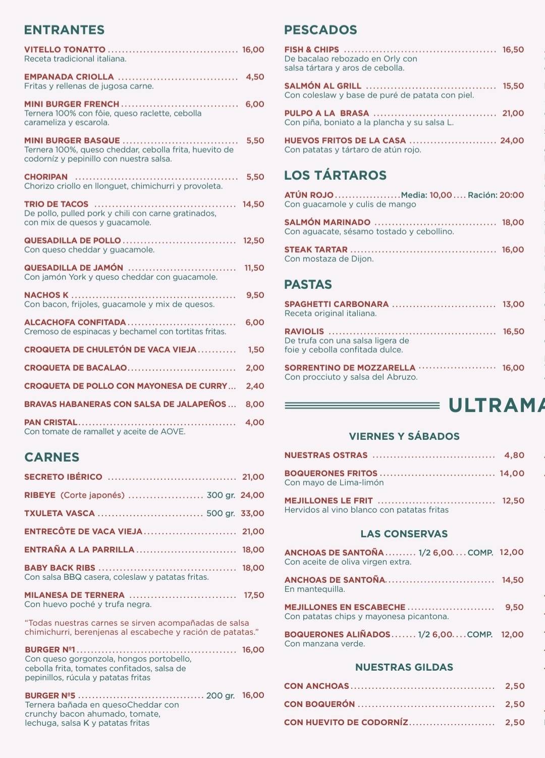 Carta del restaurante Kamaleonico, Palma del Mallorca