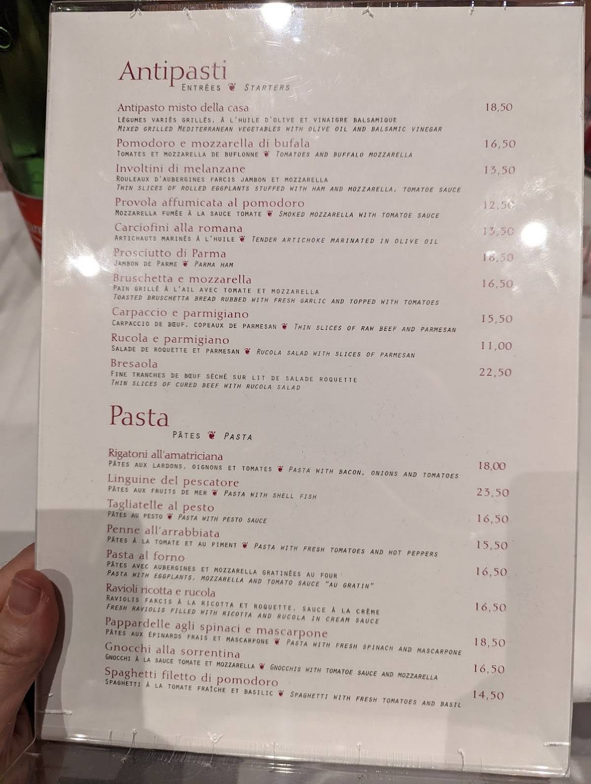 Menu au La Corte restaurant Paris 320 Rue Saint Honoré