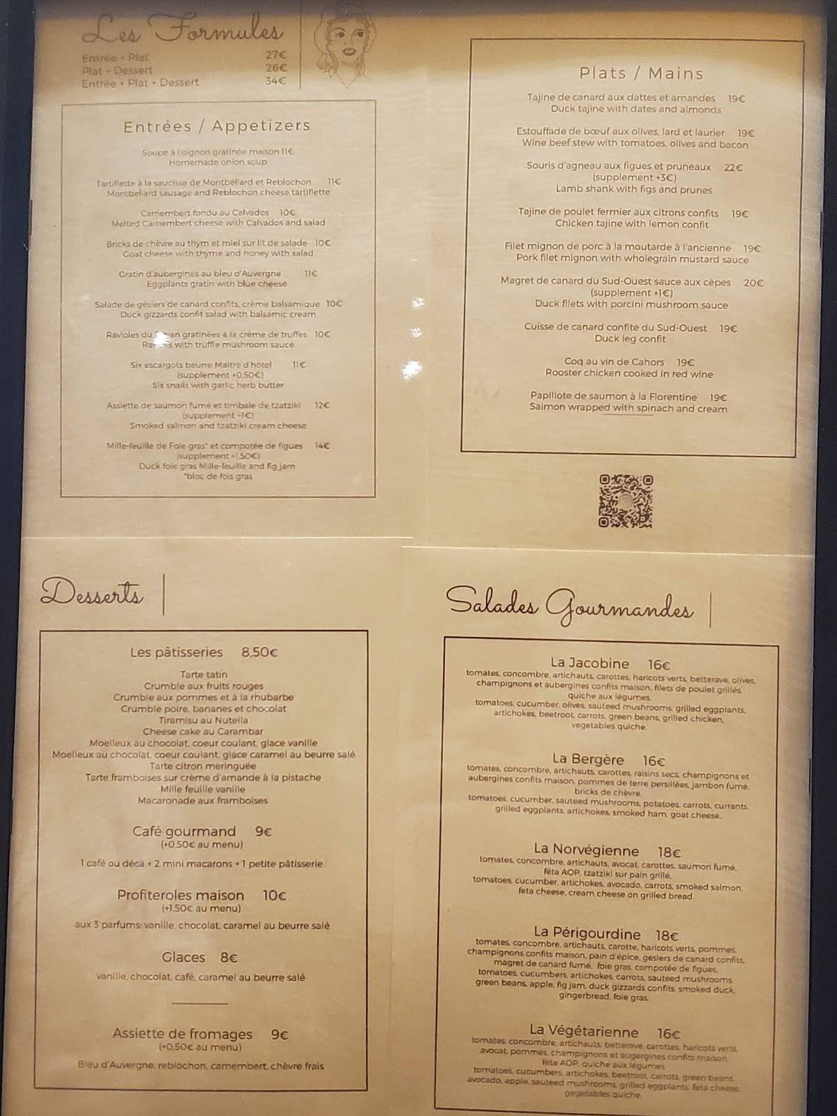 Menu at La Jacobine restaurant, Paris, 5961 Rue SaintAndré des