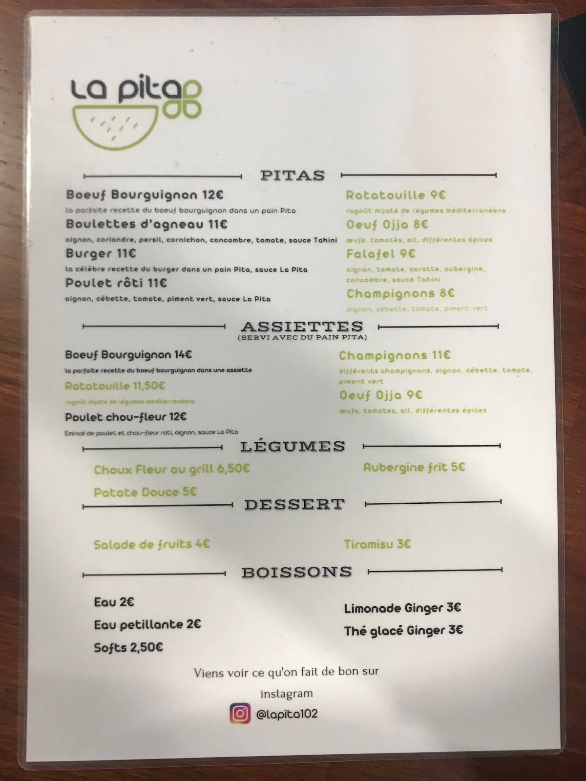 Menu au La Pita restaurant, Paris
