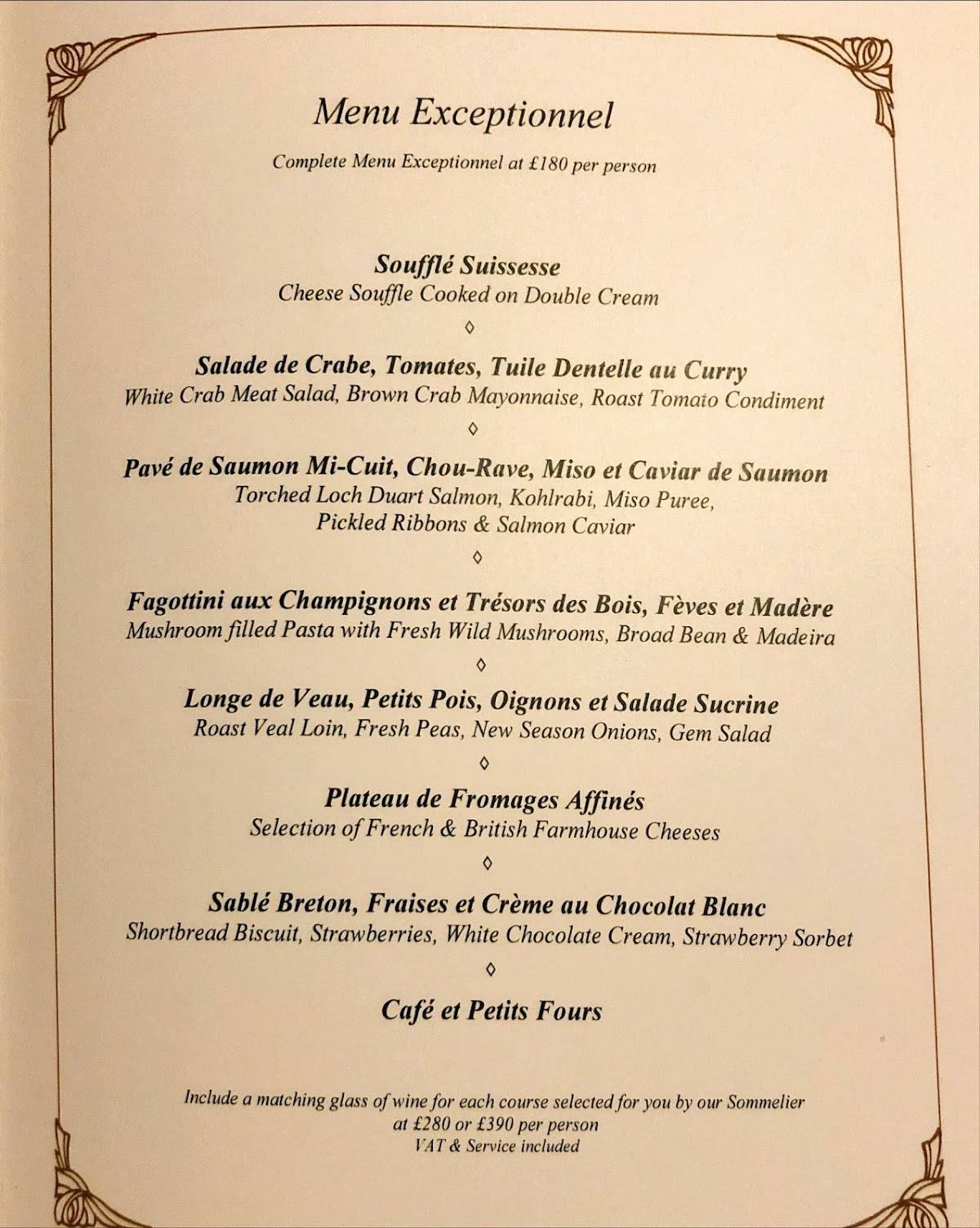 Menu at Le Gavroche restaurant, London