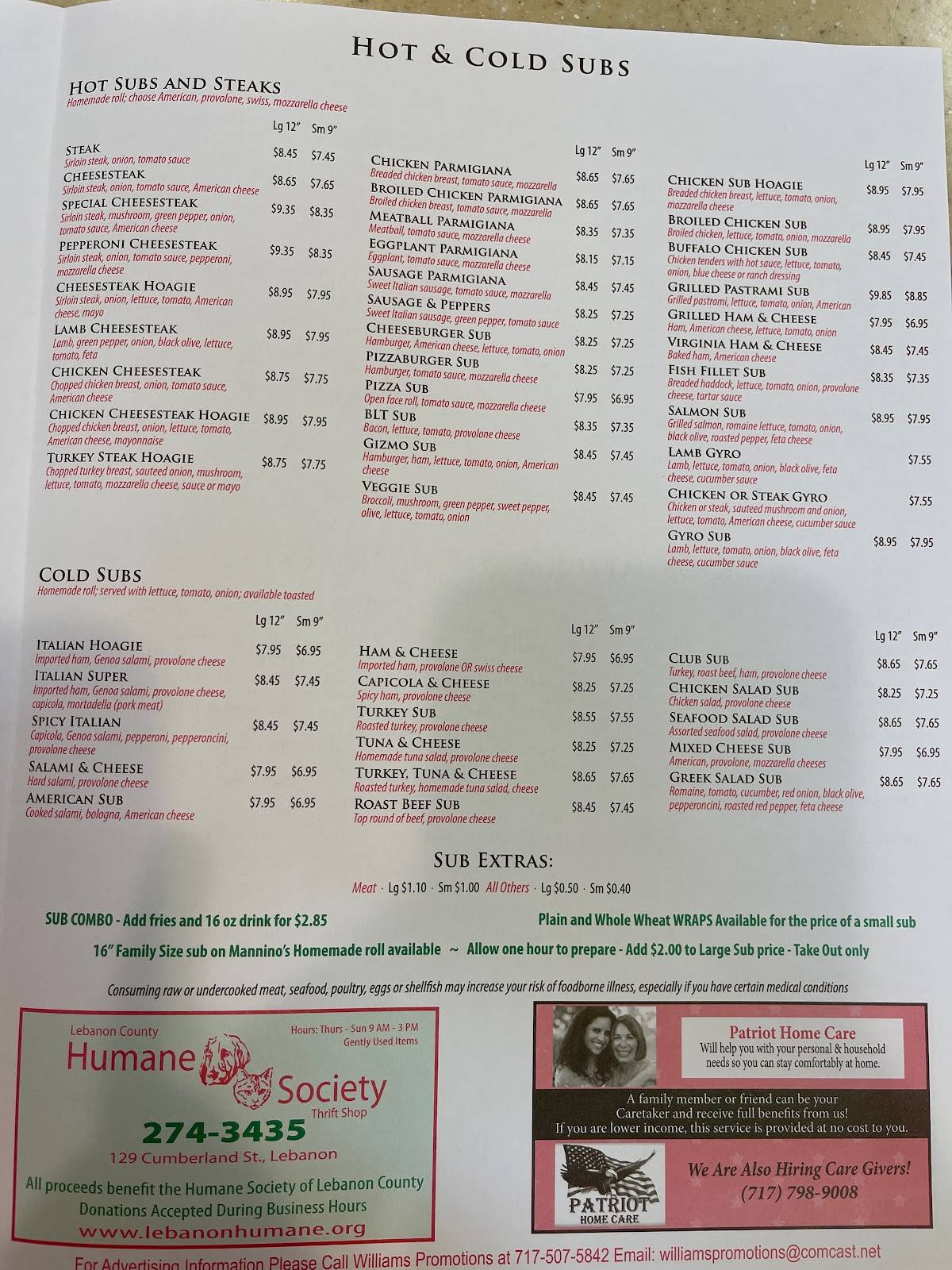 Menu at Mannino's Pizzeria & Restaurant Lebanon, PA, Lebanon