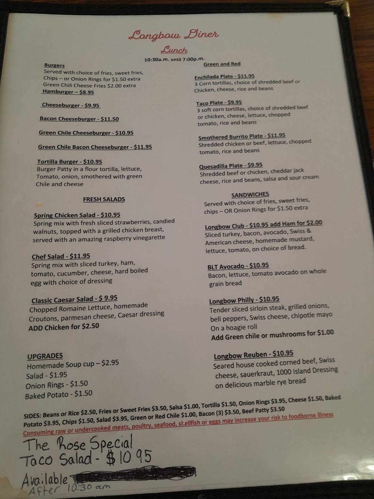 Menu at Longbow Diner restaurant, Rio Communities