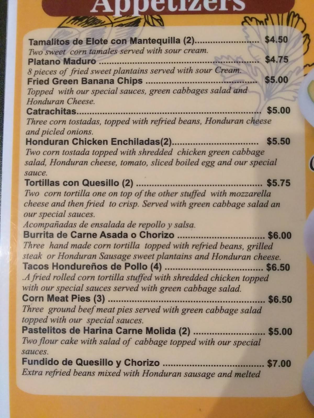 Menu at Los Catrachos Restaurant, New Orleans, Tulane Ave