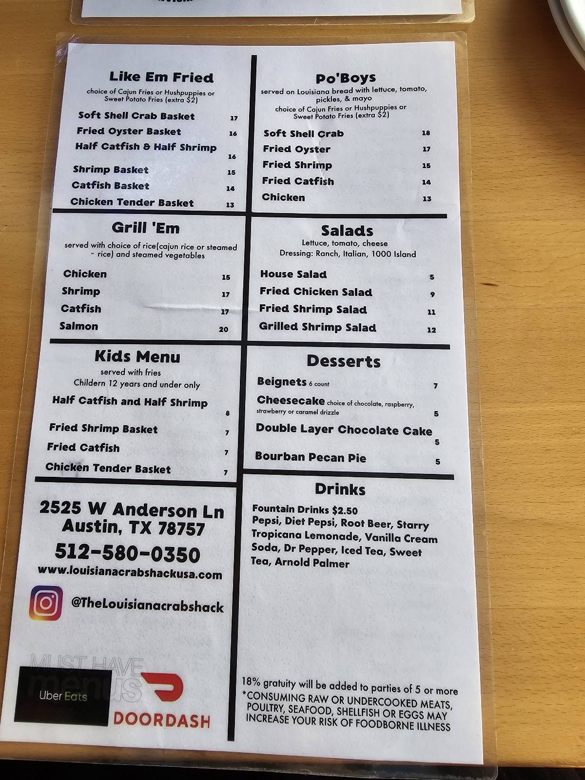 Menu at Louisiana Crab Shack restaurant, Austin, W Anderson Ln. 265