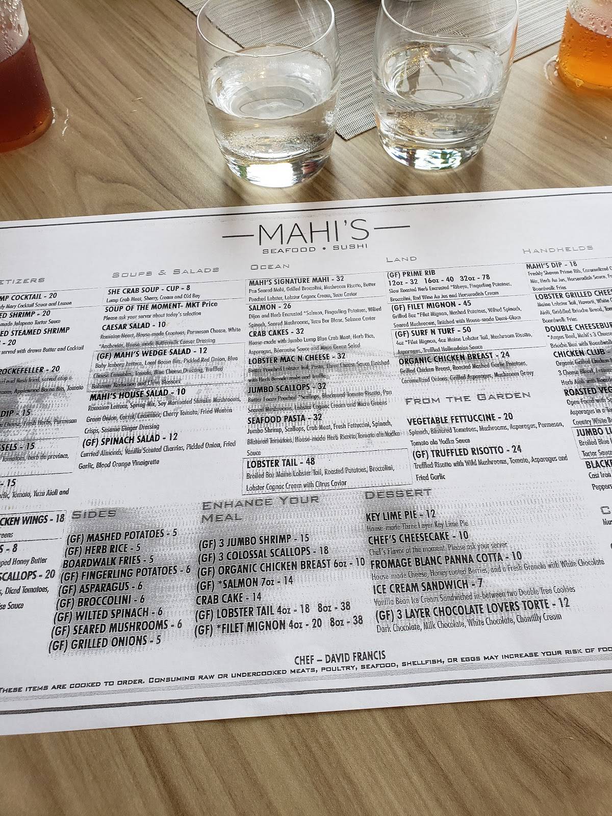 Menu at Mahi's restaurant, Virginia Beach