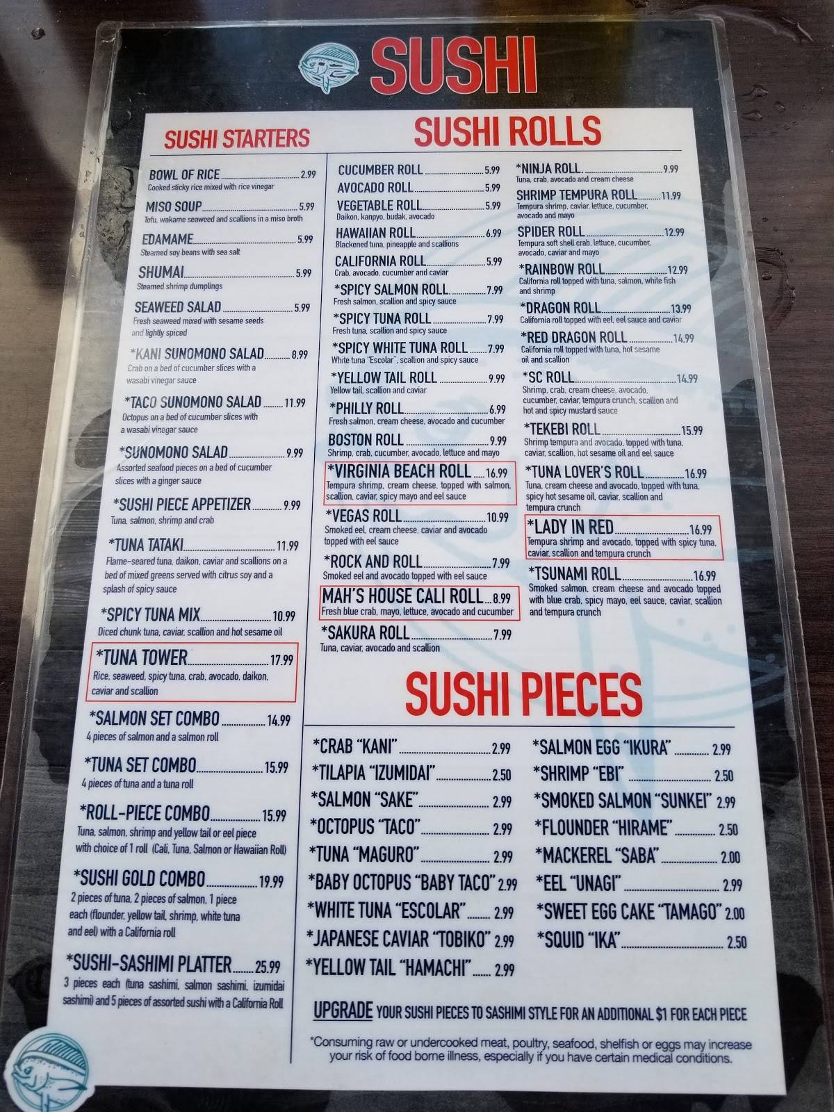 Menu at Mahi's restaurant, Virginia Beach